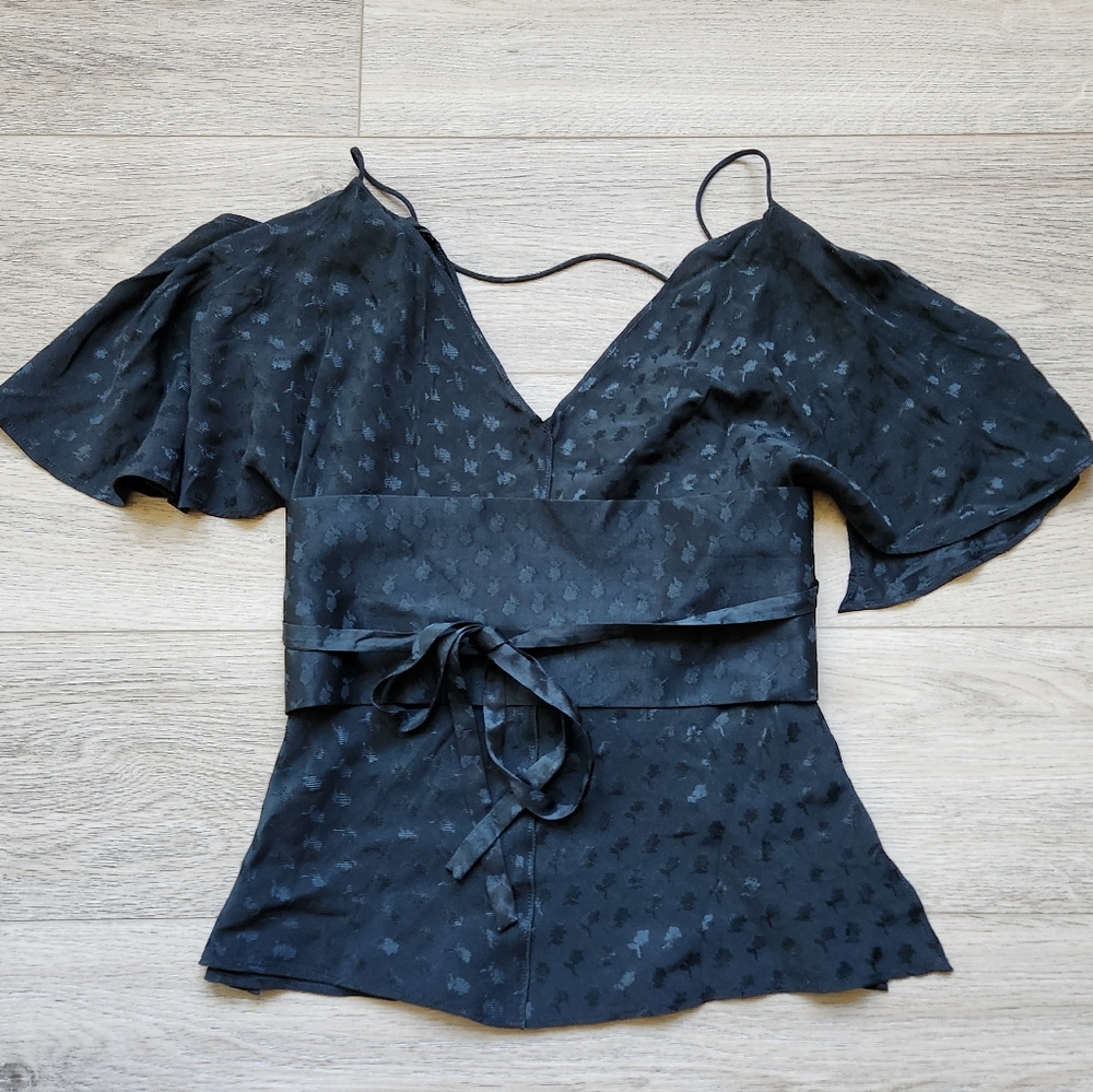 Zara Petrol Blue Jacquard Belt Wrap Top ZW Collection Sleeves Womens Small Nwt